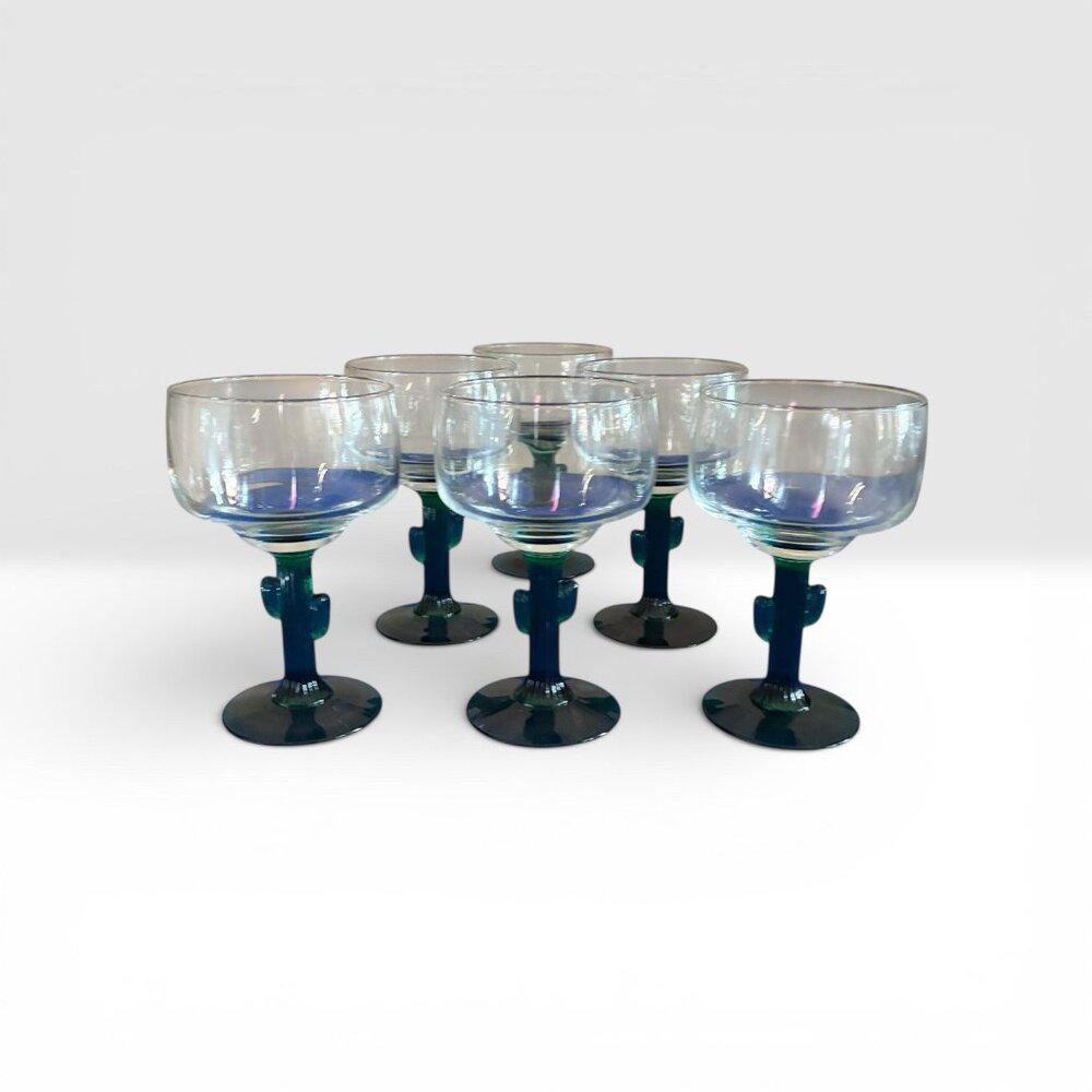 6-Pc Set VINTAGE Libbey Cactus Green Stem Margarita Glasses 10oz Barware 80’s